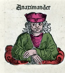 Rappresentazione di Anassimandro di Mileto (610 - 547 a.C.), filosofo, matematico e astronomo greco. Xilografia delle "Cronache di Norimberga" di Hartmann Schedel