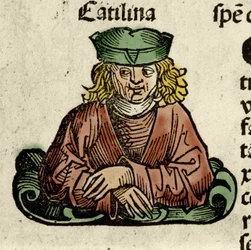 Rappresentazione di Catilina (Lucio Sergio Catilina) (108-62 a.C.), politico romano che cospirò contro il Senato. Incisione da Liber chronicarum di Hartmann Schedel