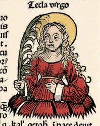 Rappresentazione della Vergine e del Martirio di Tecla di Iconio (Santa Tecla) Xilografia delle 