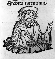 Il filosofo greco Archita di Taranto (435-347 a.C.), filosofo pitagorico, matematico, astronomo. Xilografia da 