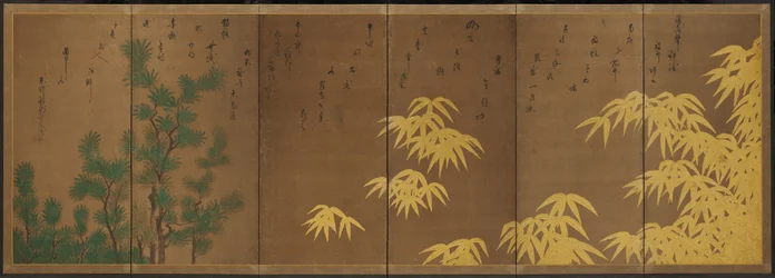 Bambù con tasso cinese, 1605-10 circa (schermo pieghevole a sei pannelli: inchiostro, colore e oro su carta)