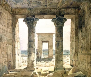 Rovine del complesso templare di Dendera: Vista tra due colonne verso la porta (pilone). Acquerello di Hector Horeau (1801-1872) architetto francese.