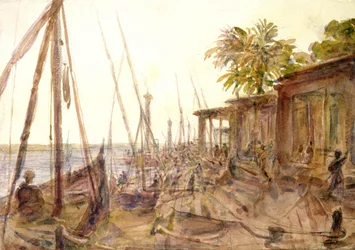 Veduta del Nilo. Acquerello di Hector Horeau (1801-1872) architetto francese. Il fiume visto attraverso le barche legate alla banchina. Egitto.