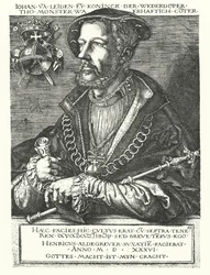 Giovanni di Leida, leader anabattista olandese e uno dei capi della ribellione di Münster del 1534-1535 (incisione)