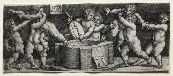 Otto bambini nudi presso un pozzo