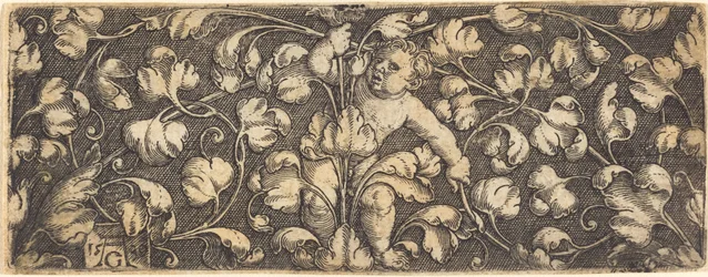Ornamento con fogliame e un bambino al centro