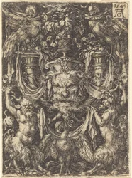 Ornamento con maschera, aquila tra satiri sotto