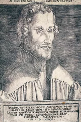 Ritratto di Filippo Melantone o Philipp Schwarzerd (1497-1560), umanista e teologo tedesco, incisione di Heinrich Aldegrever (1502-ca 1561)