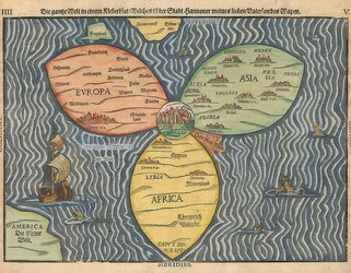 Tre continenti del mondo come trifoglio, con Gerusalemme al centro