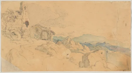 Paesaggio montano con capanna e rovina
