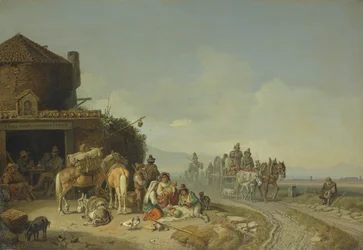 Viaggiatori davanti a una locanda lungo la strada