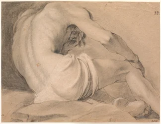 Modello maschile seduto, visto da dietro dal basso