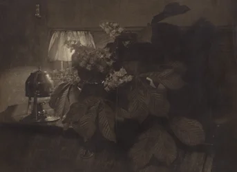 [Natura morta con fiori di ippocastano, lampada e urna].