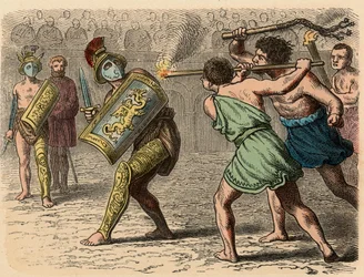 Antica Roma: Un gladiatore codardo impegnato nella lotta