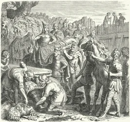 La sepoltura di Alarico I, Re dei Visigoti, nel letto del fiume Busento, 410 (incisione)