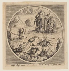 Soggetto marino mitologico in un tondo