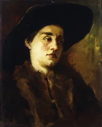 Ritratto di una dama con pelliccia e cappello nero