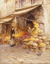 Una bancarella di frutta alla base del Campanile, San Giovanni Elemosinario, vicino al Rialto, Venezia