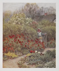 Una donna che apre un cancello in un giardino, illustrazione da 