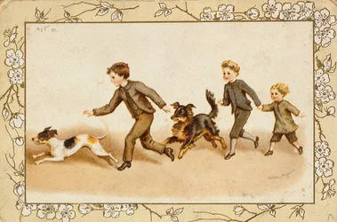 Biglietto di Auguri che Raffigura Bambini che Giocano con i Loro Cani