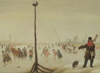 Un cacciatore di anatre e il suo cane in un paesaggio invernale (pannello)