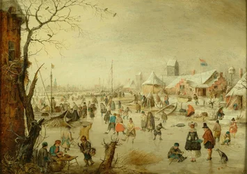 Olandese: Paesaggio invernale con pattinatori sul ghiaccio Una scena sul ghiaccio