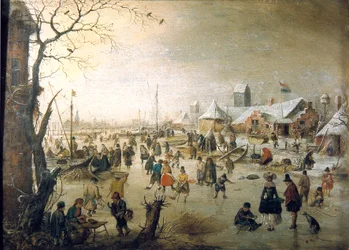 Olandese: Paesaggio invernale con pattinatori sul ghiaccio Una scena sul ghiaccio