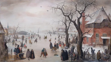 Olandese: Paesaggio invernale con pattinatori vicino a un villaggio Paesaggio invernale con pattinatori vicino a un villaggio