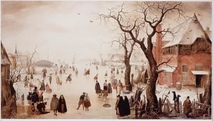 Olandese: Paesaggio invernale con pattinatori vicino a un villaggio Paesaggio invernale con pattinatori vicino a un villaggio