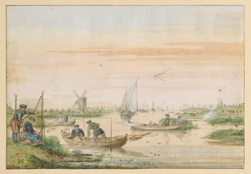 Paesaggio con canale, pescatori e cacciatori di gufi