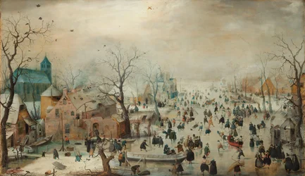 Paesaggio invernale con pattinatori sul ghiaccio