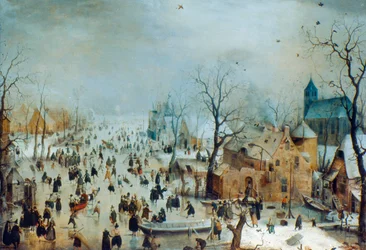 Scena invernale con pattinatori sul ghiaccio, c1608