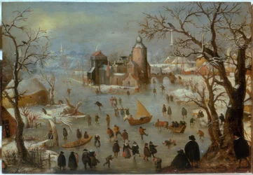 Paesaggio invernale con pattinatori