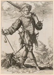 Landsknecht in piedi con moschetto e lancia