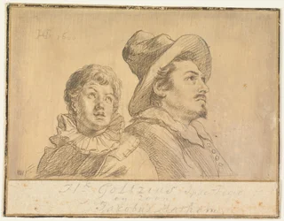 Due uomini, forse Jan Matthijs Ban e Philips van Winghe (recto). Ragazzo con il cappello, raffigurato a mezzo busto. Tra le braccia tiene un anziano deceduto (verso)