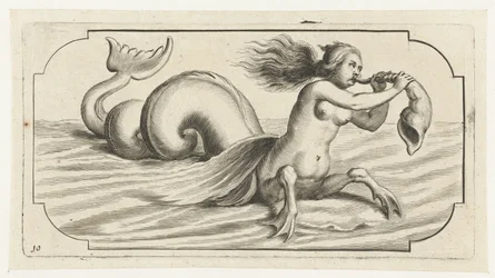Figura femminile che soffia in una conchiglia (Nouveau Livre des Dieux et Deeßes De la Marine Bouckje van Zeegoden en Godinnen)