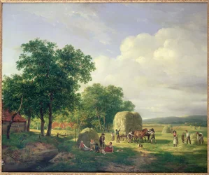 Un paesaggio boscoso con fienaioli