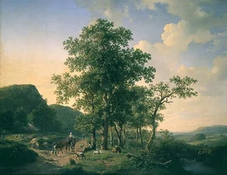 Paesaggio boscoso con contadini e animali