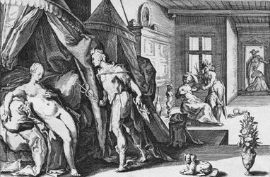Mercurio entra nella stanza di Erse dopo aver trasformato Agraulos in pietra, da Ovidio, Metamorfosi, Libro II - Anonimo, olandese