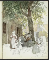 Strada del villaggio con un pozzo e figure