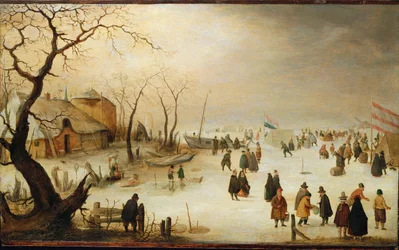 Paesaggio fluviale invernale con figure sul ghiaccio