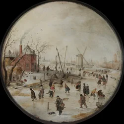 Fiume ghiacciato con pattinatori - Dipinto di Hendrick Avercamp