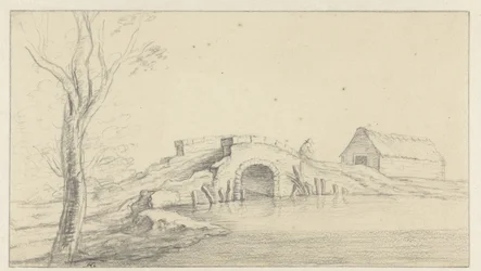 Paesaggio con ponte di pietra in rovina