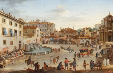 Roma, veduta di Palazzo Barberini con numerose figure (olio su rame)