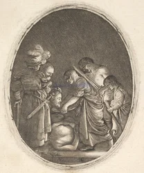 Salomè riceve la testa di Giovanni Battista, circondata da tre uomini e un bambino
