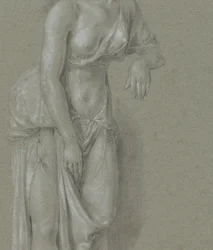 Studio di figura di una donna in abito classico, in piedi tre quarti verso destra