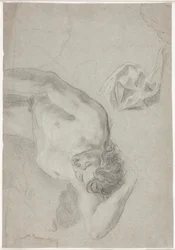 Studio di modello maschile, sdraiato sulla schiena, studio di ginocchio e drappeggio
