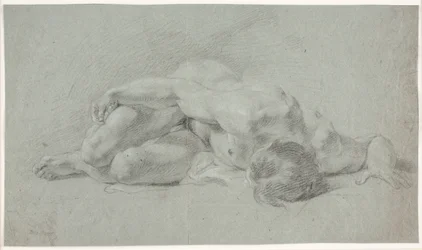 Studio di modello maschile, sdraiato, rannicchiato