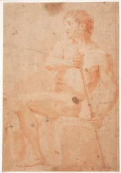 Studio di modello maschile, seduto con bastone