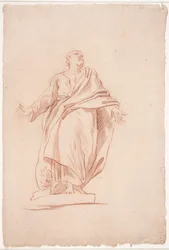 Uomo in piedi con le braccia aperte, su un piedistallo. (Studio di scultura). (Un santo)